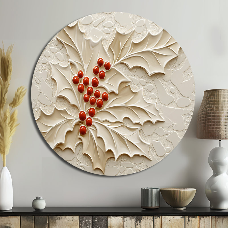 Hiver hivernal arbre baies - art mural moderne éclectique rond, art mural contemporain en métal rond, H 23 po x l 23 po