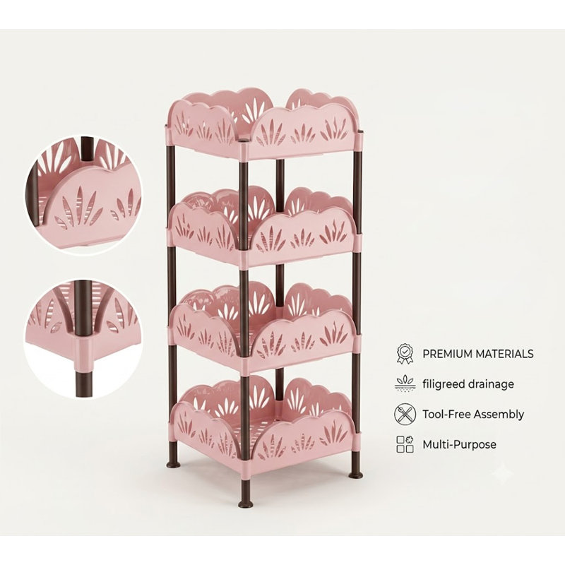 33-Inch 4-Tier Rolling Storage Basket and Multipurpose Shelf in Pink, PINK
