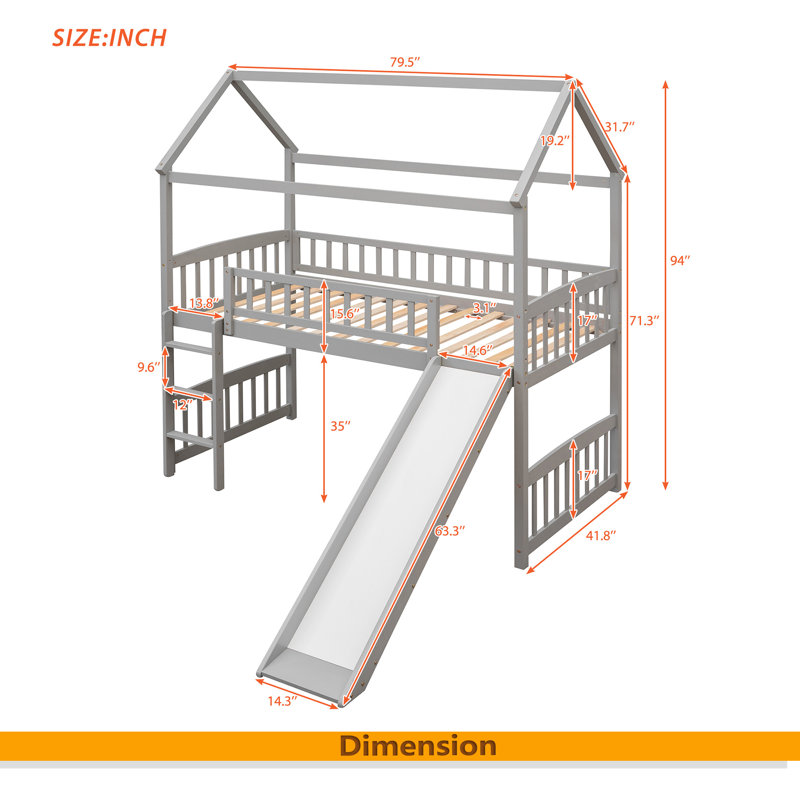 Twin Loft Bed With Slide, House Bed With Slide, Gray
