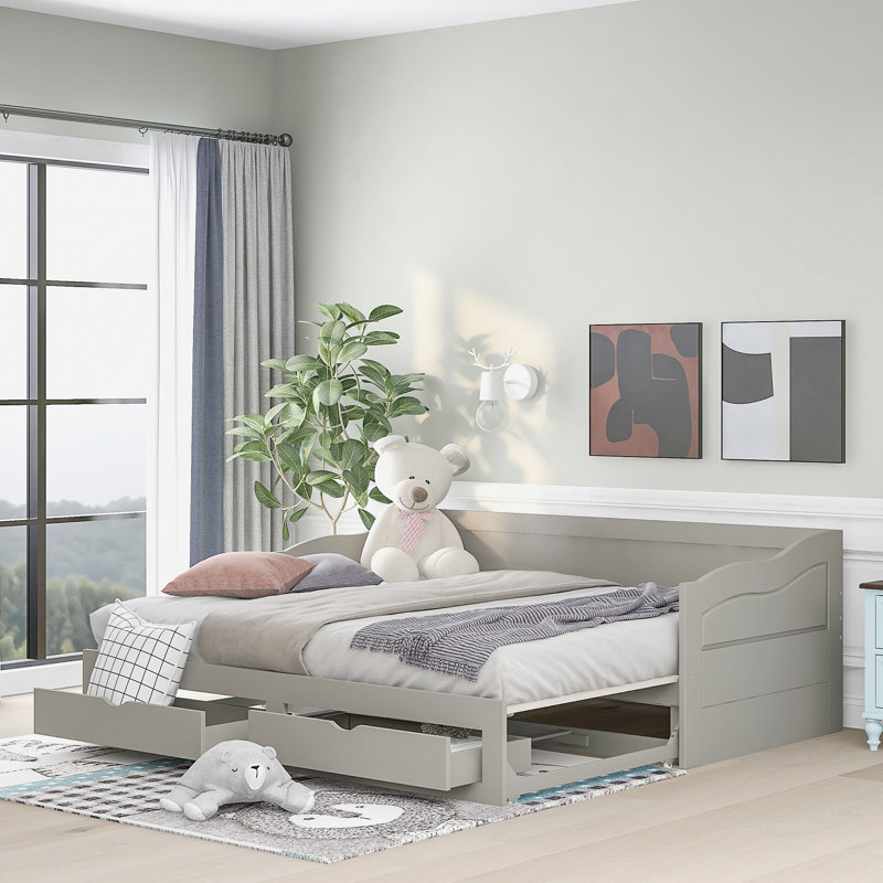 Wooden Daybed With Trundle Bed And Two Storage Drawers, Gray