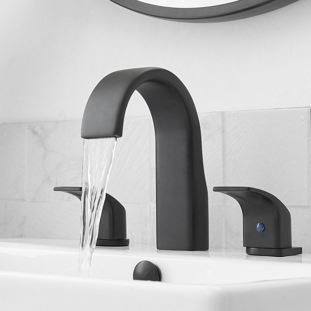 8 Inch High Arc Widespread Bathroom Faucet 3 Hole Black Bathroom Sink Faucet with Water Supply Hose BESy