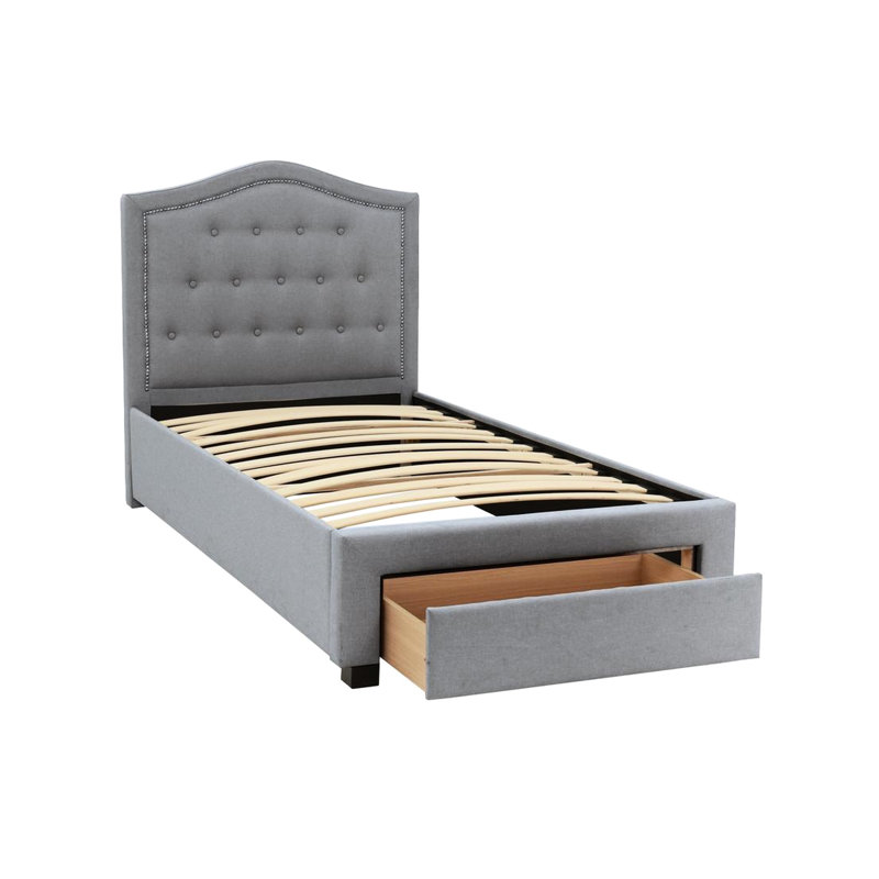 Lit simple moderne gris avec tête de lit à boutons et tiroir de rangement dans la teinte