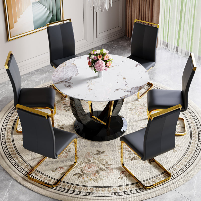 Round Dining Table Set, Black, 7 Pieces: Table, 6 Chairs