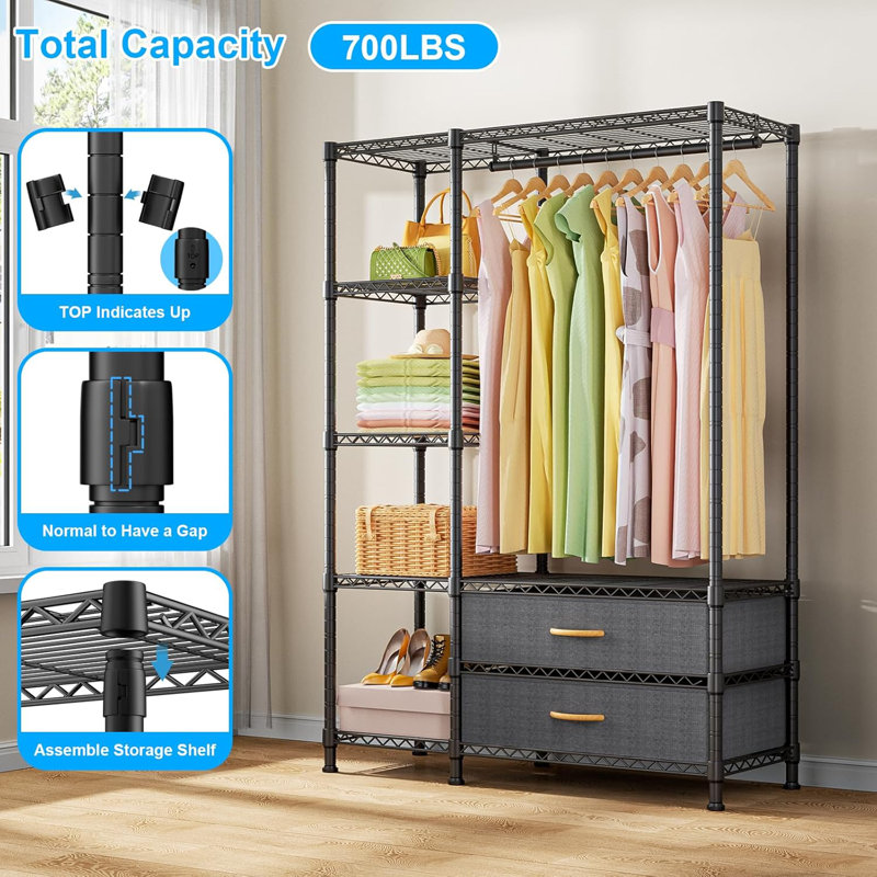 Black Portable Steel Closet System with Fabric Drawers
