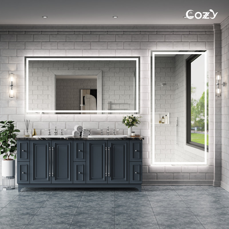 LED Bathroom Mirror with Front & Back LED Lighted Anti-Fog Tempered Glass Vanity Mirror, 3 Colors Temperature & Dimmable Light