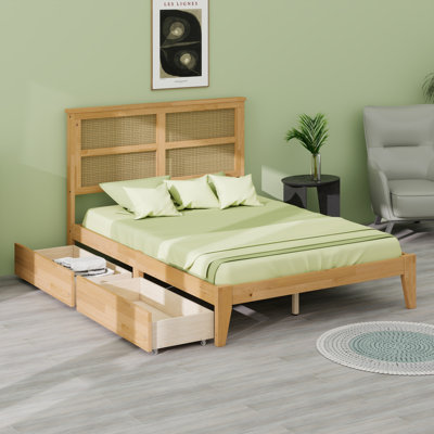 Rubber Wood Bed With Rattan Headboard, Two Storage Drawers, And Enhanced Support Slats