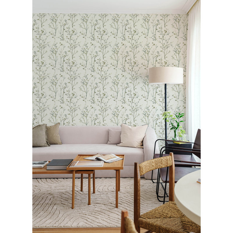 Silverling Moss Budding Branches Wallpaper, Green