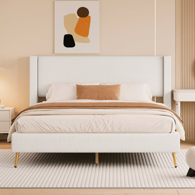 Grand lit plateforme en velours côtelé avec pieds en métal - beige et beige élégant. Contreplaqué conçu pour la durabilité. Rempli de mousse. Pas de sommier tapissier. Assemblage simple. 83,1 po x 65,7 po x 42,5 po