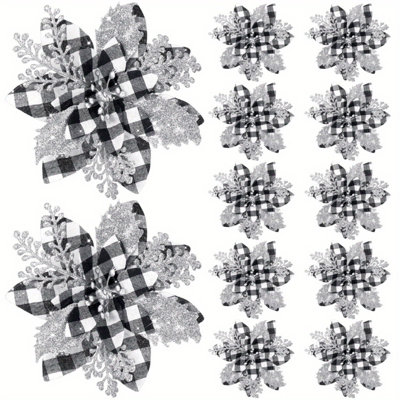 25Pcs Artificial Poinsettias 5.7 Inch Christmas Glitter Flowers With Clips Xmas Tree Flower Ornament Poinsettias Decor DIY Xmas Wreath Holiday Wedding Home Party Decor