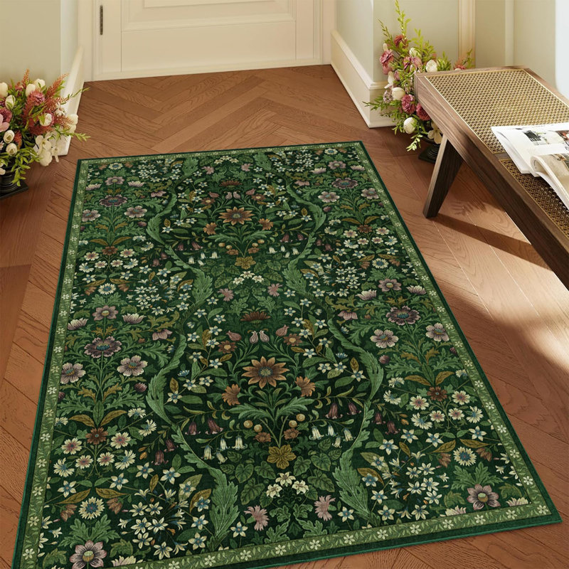 Washable Area Rug - Vintage Boho Botanical Low-Pile Rug, Dark Green, Rectangle 4' x 6'