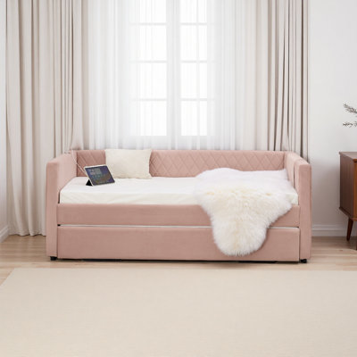 Lit de jour en velours, cadre de lit en bois robuste, conception coulissante en grille de diamant moderne, parfait pour la chambre à coucher, les meubles de salon