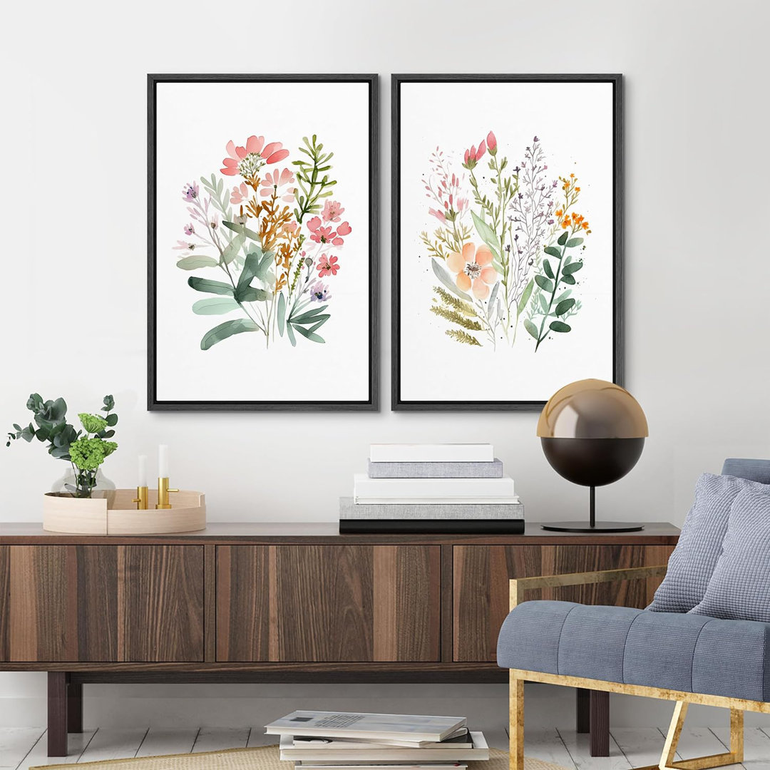 Vibrant Wildflower Boho Floral & Botanical Plant Multicolor Framed On Canvas 2 Pieces Print Large Wall Art IDEA4WALL Frame 