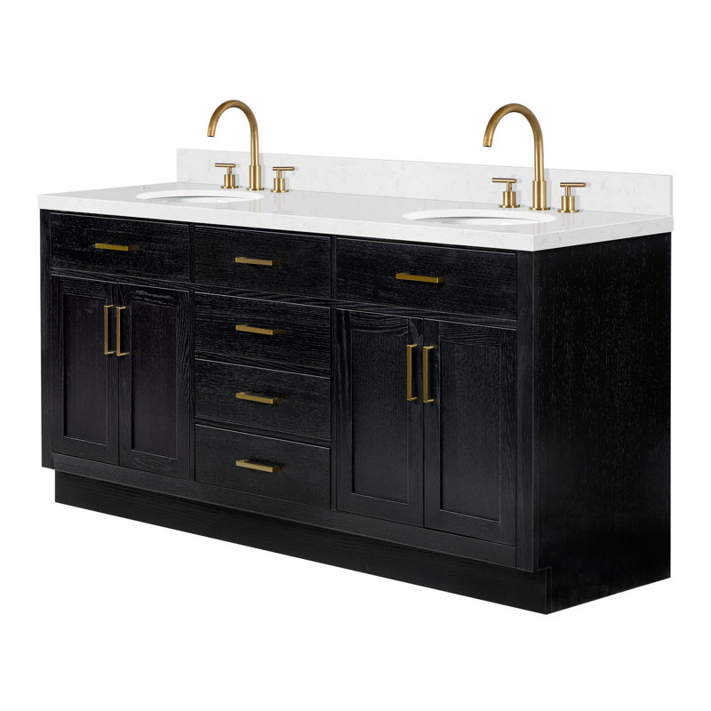 Meuble-lavabo double en bois massif 72 po avec plateau en quartz Carrara de 1,5 po Thornaby, Ovale, Chêne noir