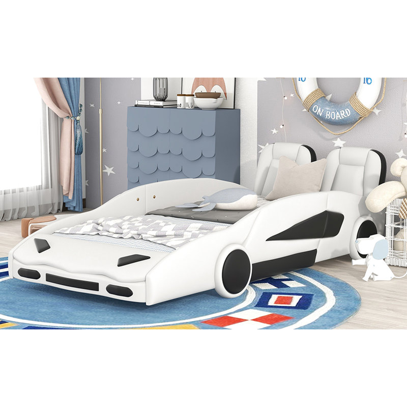 Twin Size Race Car-Shaped Bed With Rolling Feature Wheels, White - Comfortable Bedroom Furniture Bed, And Protected Sleeping Environment