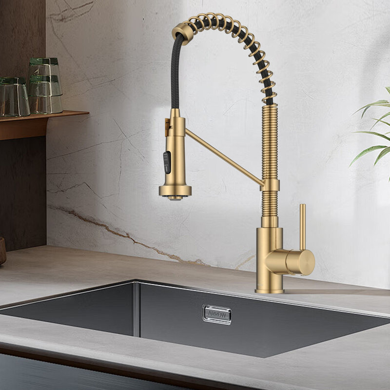 Single Handle Kitchen Faucet 2-Function Sprayer Pull Down Kitchen Faucet, Brushed Brass