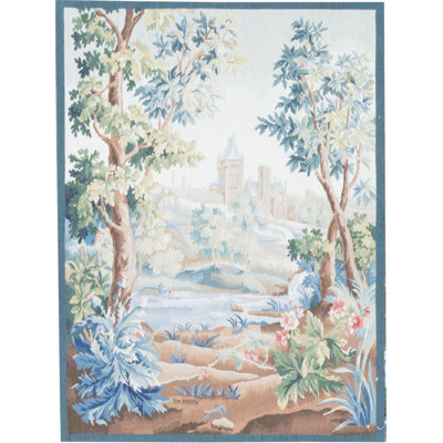 Tapis bleu, vert et blanc noué à la main de haute qualité