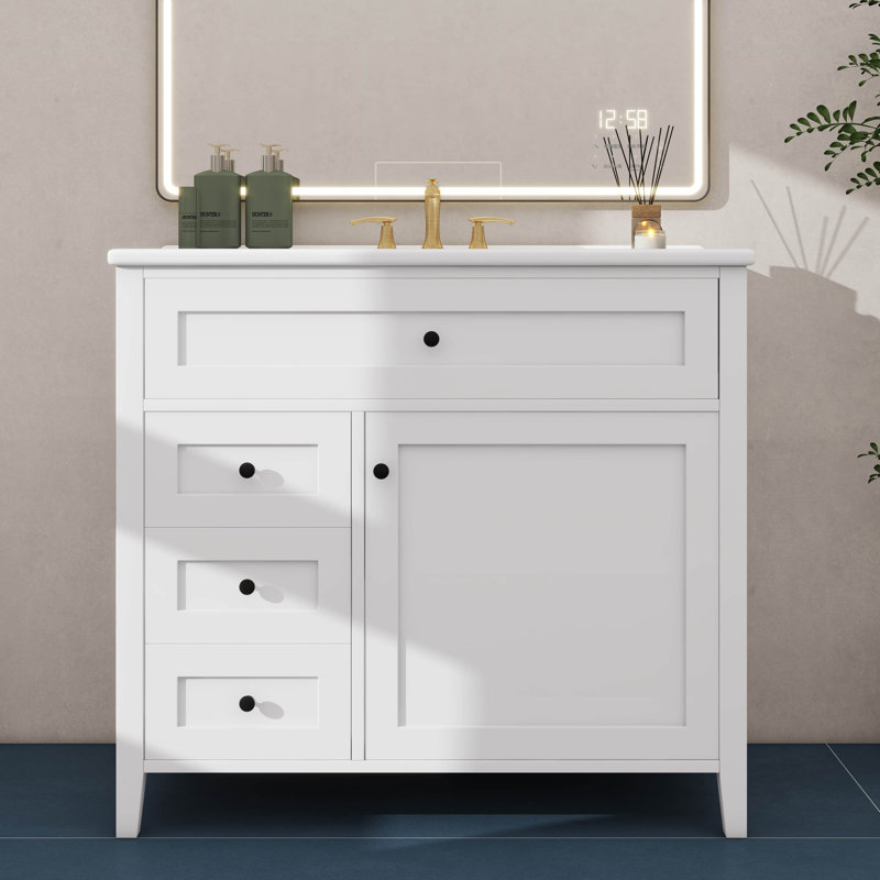 Armoire de meuble-lavabo 36 po, avec lavabo en céramique, 3 tiroirs, Black, Blanc