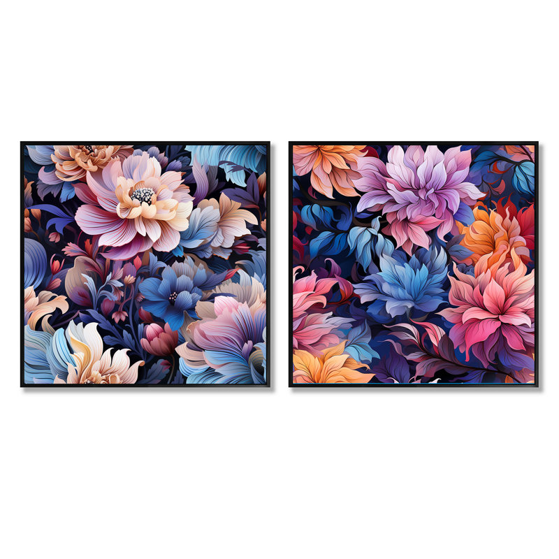Cerisier - Ensemble de 2 collages carrés floraux, Cadre flottant noir, H 36 po x l 73 po