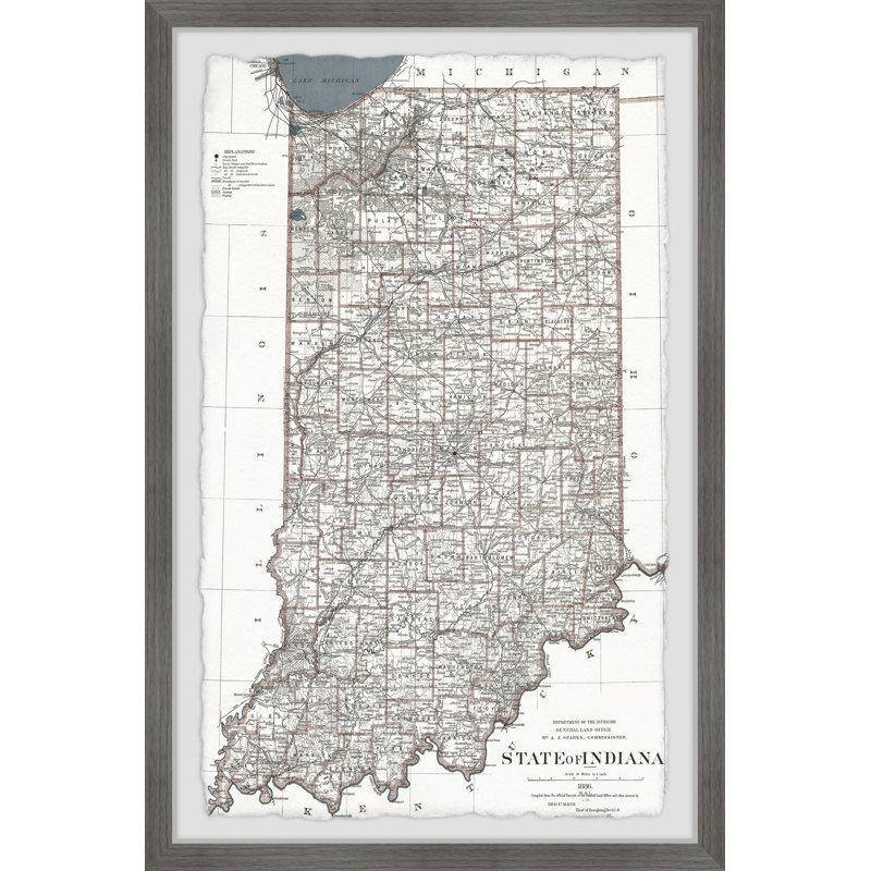 State of Indiana - Reproduction d'art graphique sur papier encadré, H 24 po x l 16 po x P 1,5 po