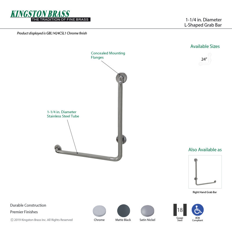 Kingston Brass Made To Match 24-Inch X 24-Inch L-Shaped Grab Bar, 1-1/4 Inch O.D, Right Hand, Mirror