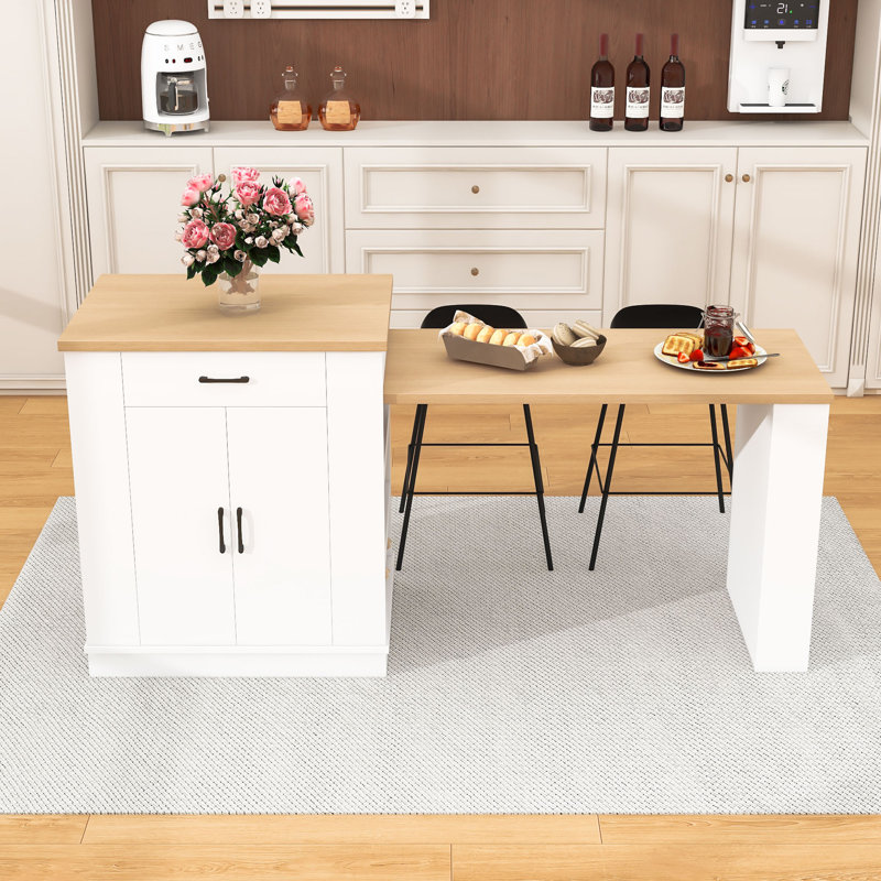Îlot de cuisine extensible avec tiroirs de rangement, armoire à deux portes, tablettes ouvertes et bar pour le petit-déjeuner