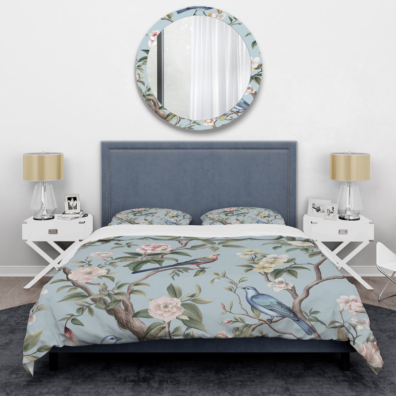 Ensemble de housse de couette Chinoiserie avec oiseaux et pivoines, Housse de couette pour grand lit et 2 taies décor