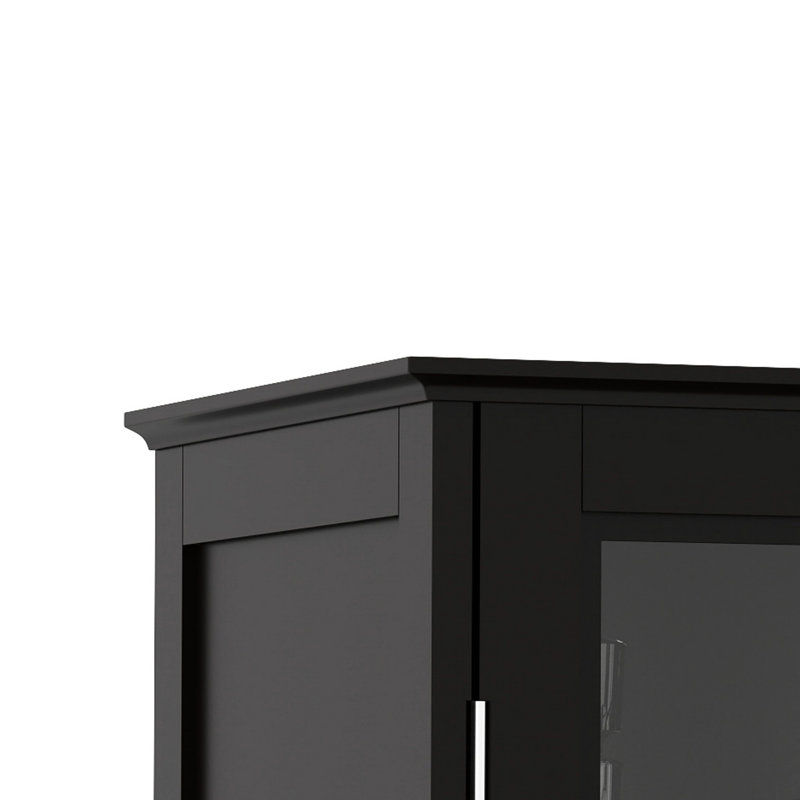 Buffet noir avec portes doubles en verre et pieds en bois massif, pour la cuisine, la chambre à coucher - surface peinte à base d'eau, compartiment de tiroir de compartiment personnalisable, chambre adaptée, couloir