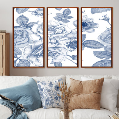 " White Vintage Flowers On Classic Blue II " 3 - Pieces
