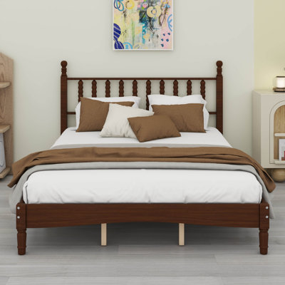 Wood Bed Frame Queen Size With Spindle Headboard, Queen Platform Bed With Wooden Slat Support, Retro Style Spindle Beds For Boys Girls Kids Adults Toddler