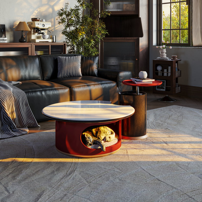 Ensemble de tables basses modernes 2 pièces avec table d'appoint relevable et table basse ronde pour chat