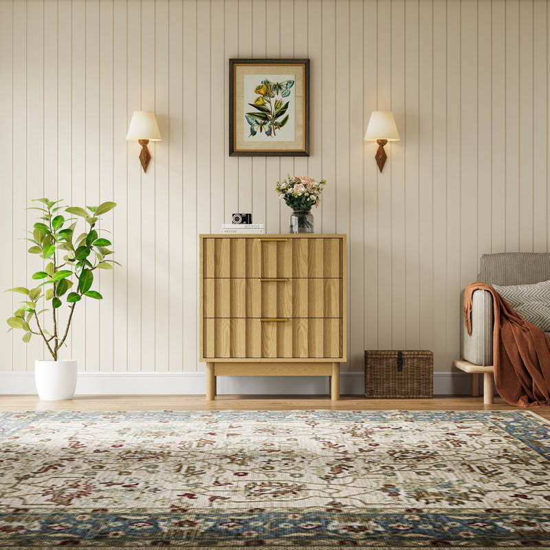 Commode 3 tiroirs avec panneau cannelé, Brun
