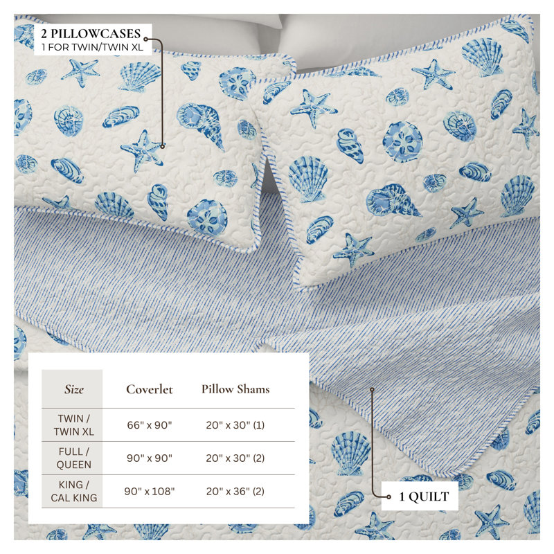 Ensemble de courtepointe réversible avec taies décoratives Coastal Inspired, Coquillages bleus