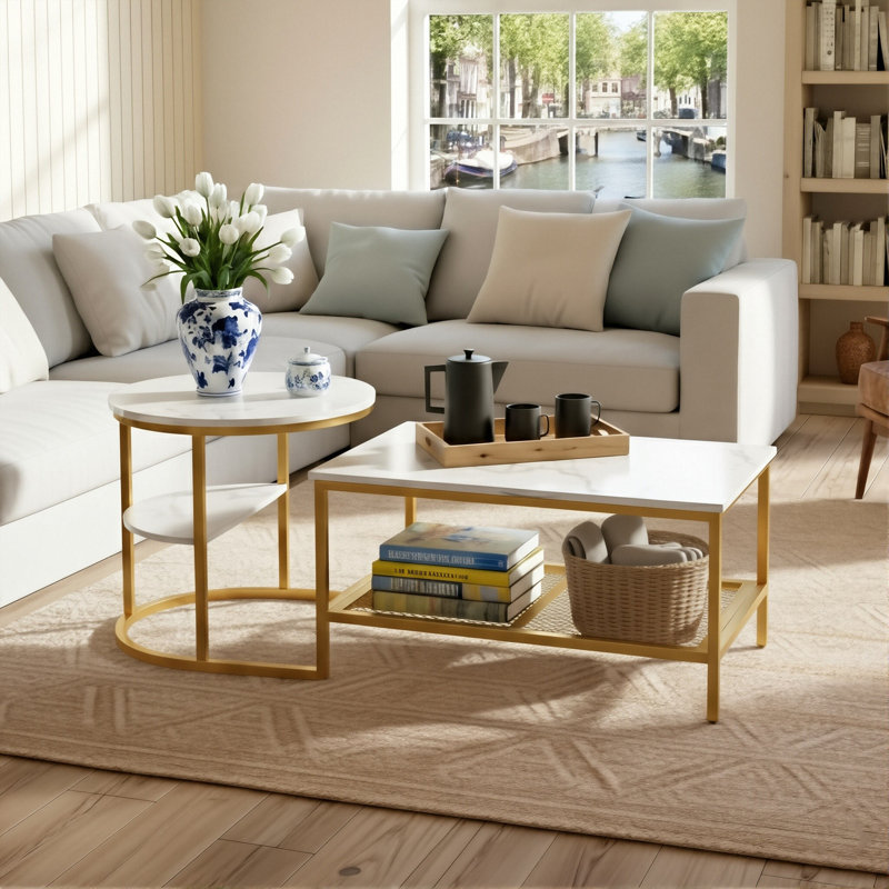 80Cm Modular Coffee Table Set (Set Of 2), Interlocking Round Side Table & Rectangular Table With Shelf, Gold & Black, Gold