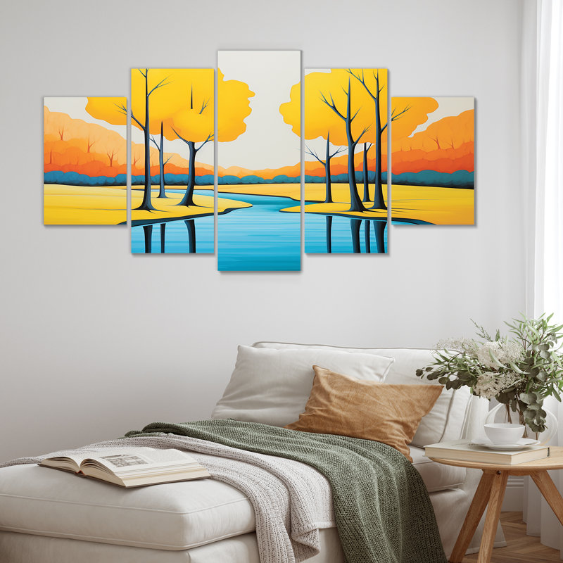«Yellow Trees Autumn Forest River - River», ensemble de 5 décorations murales, H 32 po x l 60 po