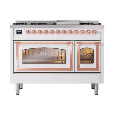 Cuisinière à double combustible 48 pouces avec 8 brûleurs scellés et plaque chauffante (porte vitrée) ILVE Nostalgie II Series Noblesse