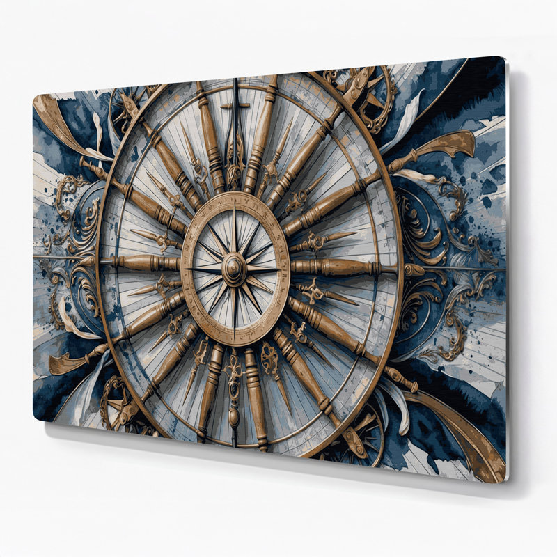 Art mural en métal gris, transport, roue et boussole, H 20 po x l 24 po