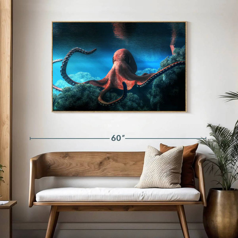 Adult Octopus, Floating Frame Natural Wood, 46" X 31"