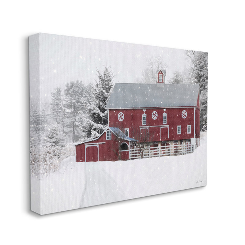 «Snowlanded Farmland Red Barn Snowflakes Falling Black», estampe numérique encadrée, art texturé par Lori Deiter