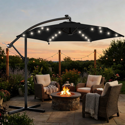10ft Solar LED Offset Hanging Patio Umbrella with Easy Tilt Adjustment, 6 Sturdy Ribs & UV-Protected Polyester Canopy, Ideal for Backyard, Poolside, Lawn & Garden, Black