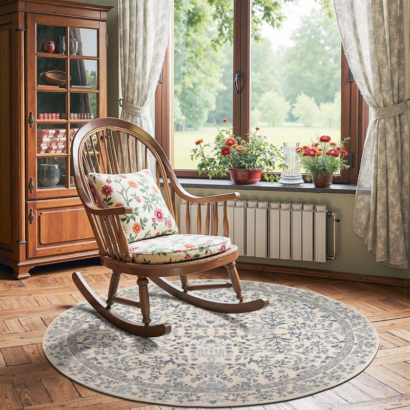 Floral Machine Washable Area Rug, Round 4', Blue