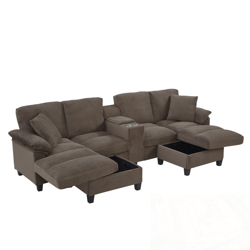 Canapé modulaire en U avec repose-pieds, porte-gobelets et ports USB, Velours côtelé brun