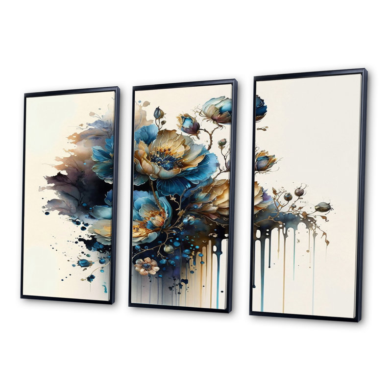 «Realistic Blooming Flowers I», reproduction sur toile 3 pièces, Cadre noir, H 28 po x l 36 po x P 1 po