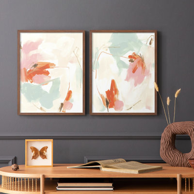 «Peach Blossom Mirage I», reproduction encadrée de qualité supérieure - prête à être accrochée - aucun clou requis - aucun clou requis