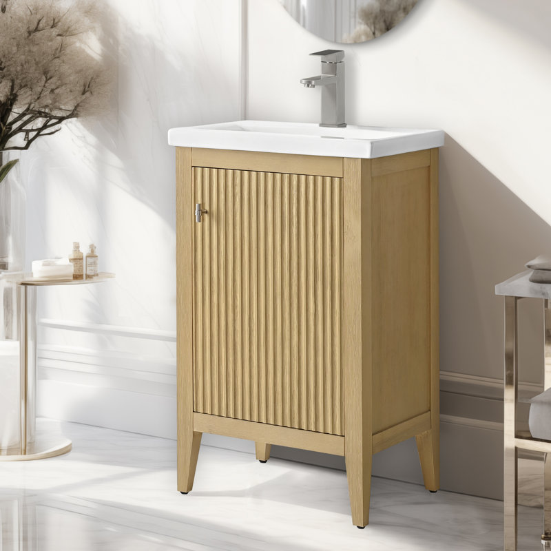 Meuble-lavabo sur pied à simple cuve 20 po avec plateau en céramique blanche, Chêne linéaire linéaire, Nickel brossé, 20"