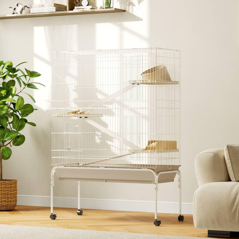 Cage 55 po à 4 niveaux pour petits animaux en métal avec roulettes - plateformes, rampes, bouteille d'eau et bol à nourriture