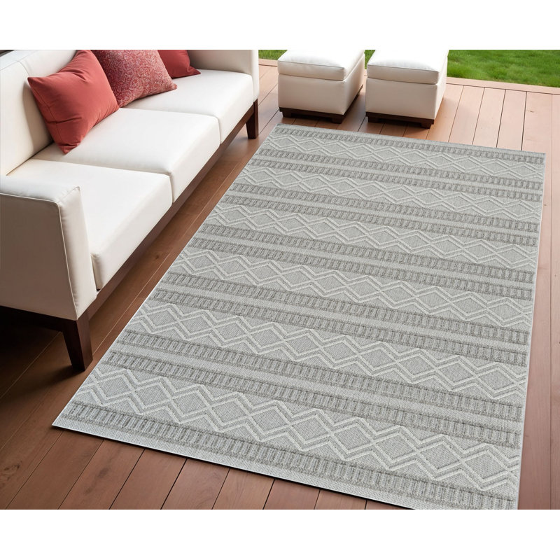 4' X 6' Beige and Gray Striped Distressed Indoor Outdoor Area Rug