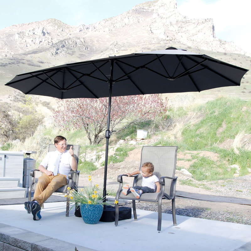 Parasol de table d'extérieur rectangulaire à double face avec manivelle pour terrasse de patio gris clair avec manivelle 12 nervures robustes robustes pour la piscine