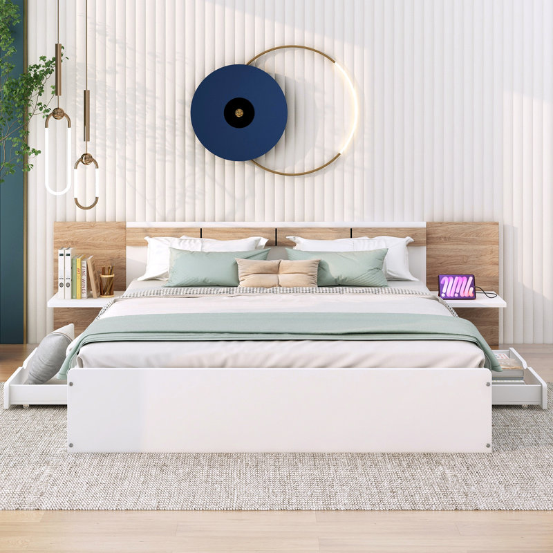 Lit plateforme avec rangement Revkah, lit avec tête de lit, tiroirs, tablettes, ports et prises USB, Blanc 1