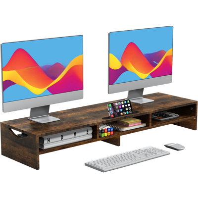 Kaelynne Large Dual Monitor Stand Riser, 2 Tiers Monitor Stand With Cellphone Holder, Wood Monitor Riser With Storage For Computer,Laptop, Monitor Sta -  Loon PeakÂ®, D50C42D890C4403CA4A5B69CFD92FDF8