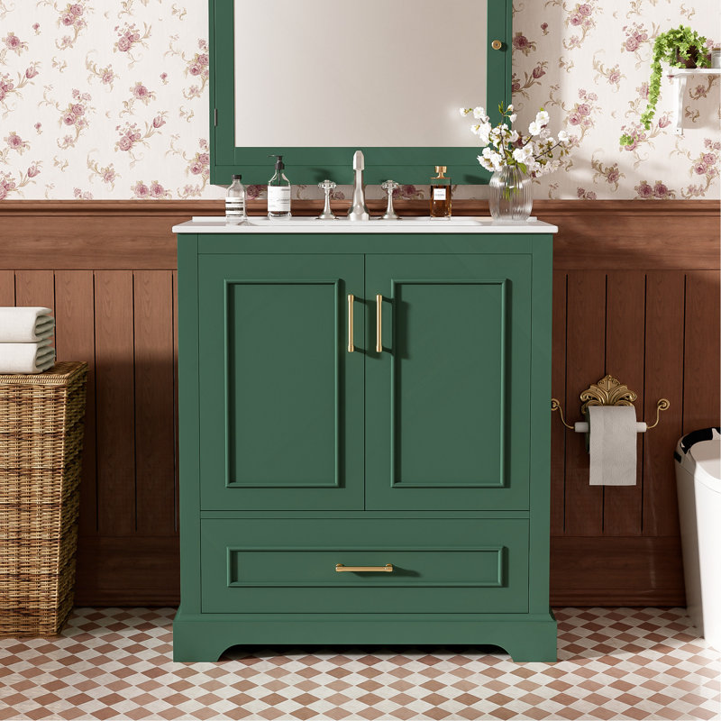 Meuble-lavabo autoportant de 30 po avec lavabo, panneau de fibres à densité moyenne et structure en bois massif, 1 tiroir de séparation et 2 portes à fermeture en douceur (double tablette sur la porte)